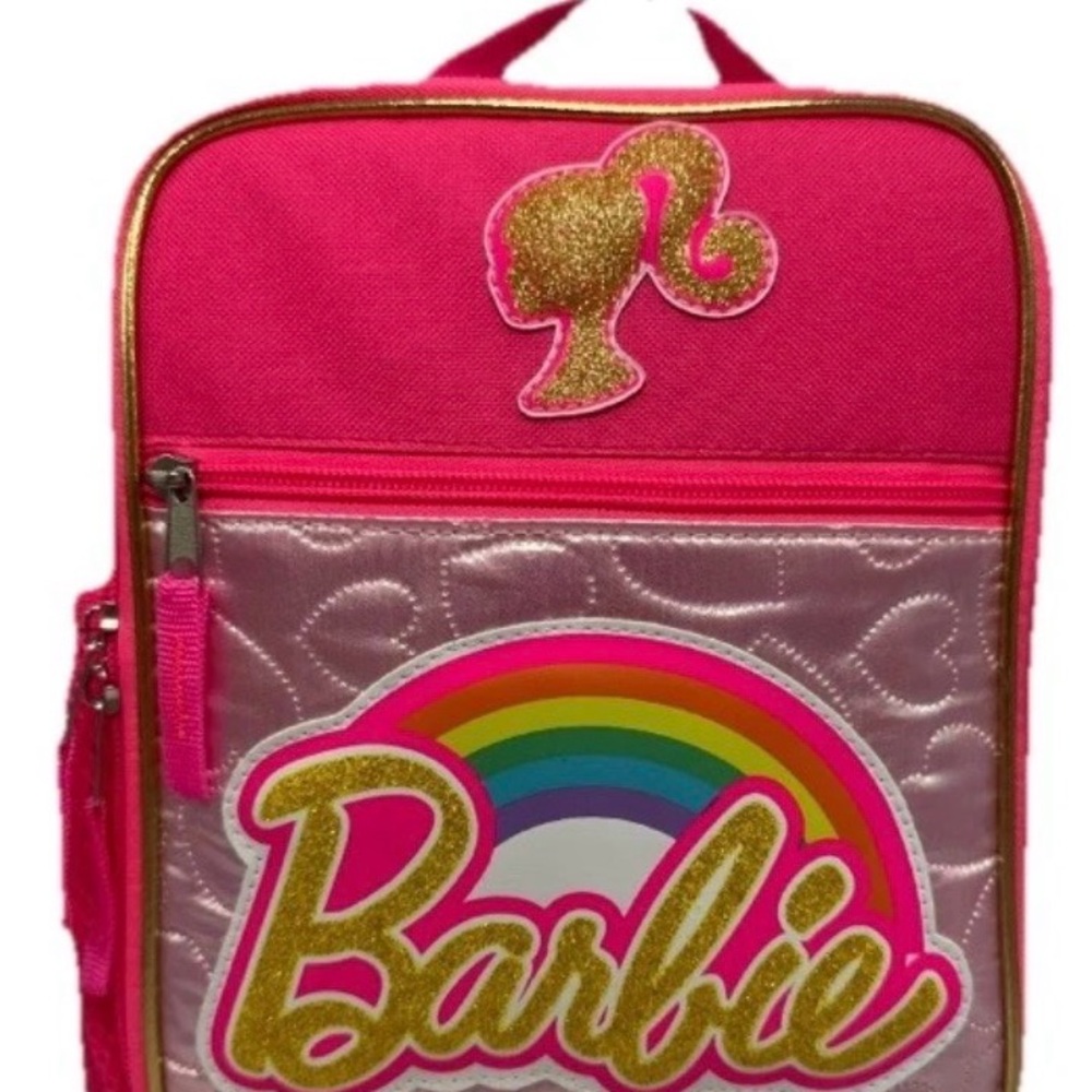 Barbie Reusable Lunch Tote Water Bottle Pouch Inner/Outer Pocket Pink Gold NWT